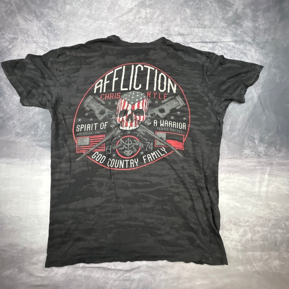 Affliction Chris Kyle American Sniper Camo T-Shirt Mens XL Black Burnout Grunge - Picture 2 of 8